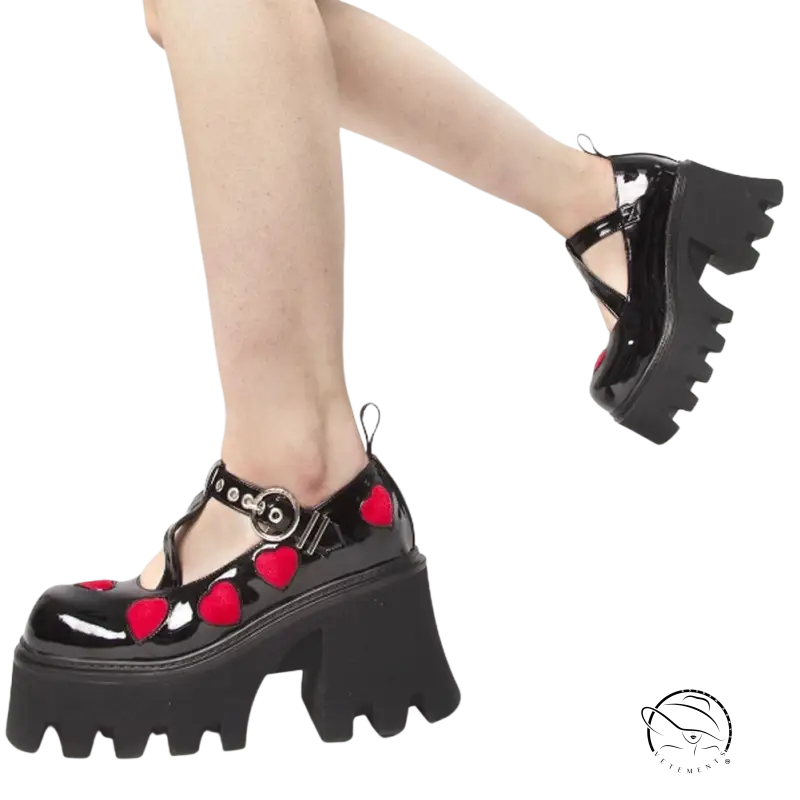 Lovely style high heels: black patent mary janes with red hearts and chunky sole