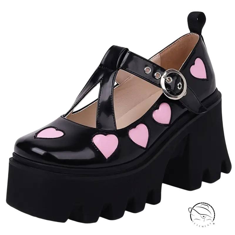 Black patent leather platform Mary Jane heel with pink hearts and silver buckle