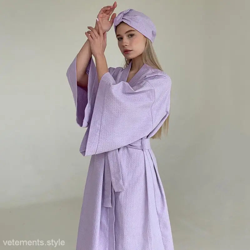 Lavender Luxury French Waffle Robe with Matching Turban and Belted Design