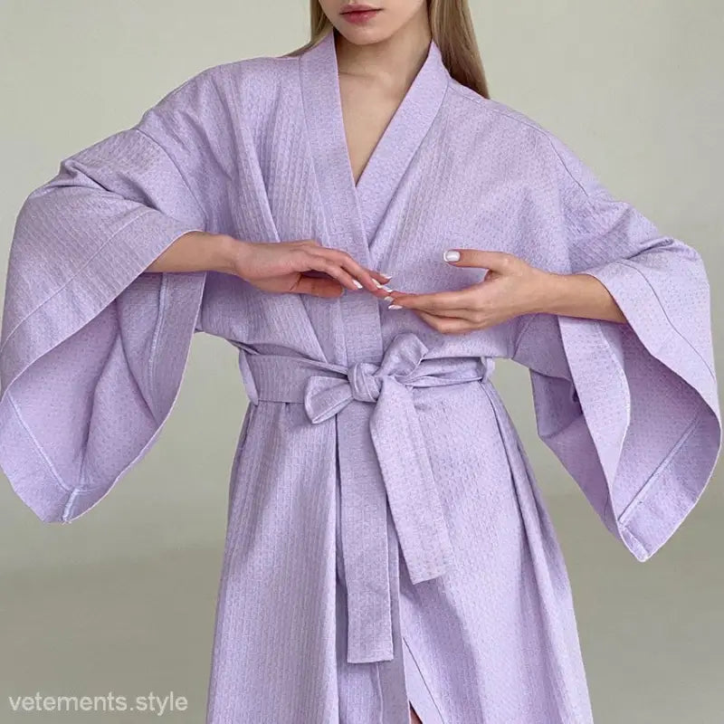 Lavender Luxury French Waffle Robe with 3/4 Sleeves and Belted Design