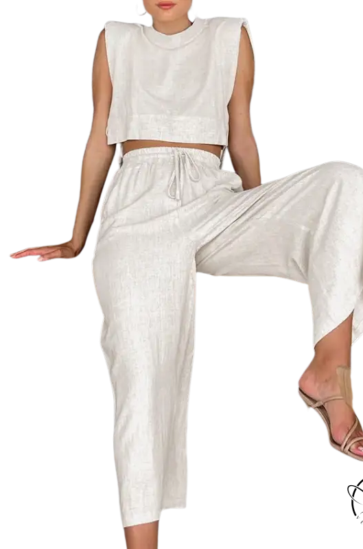 Woman in white Maldives cotton suit set, casual linen style for summer