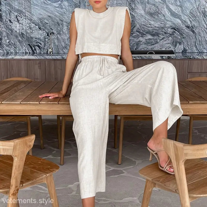 Woman wearing Maldives Cotton Suit Set, a stylish linen suit set for casual summer wear