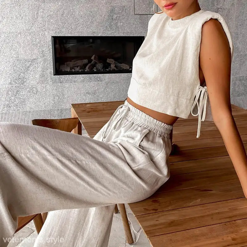 Coordinated Maldives Cotton Suit Set featuring a stylish linen crop top and pants