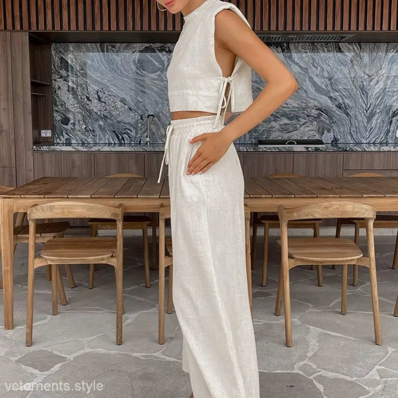 White linen two-piece set from Maldives Cotton Suit, ideal for casual summer wear