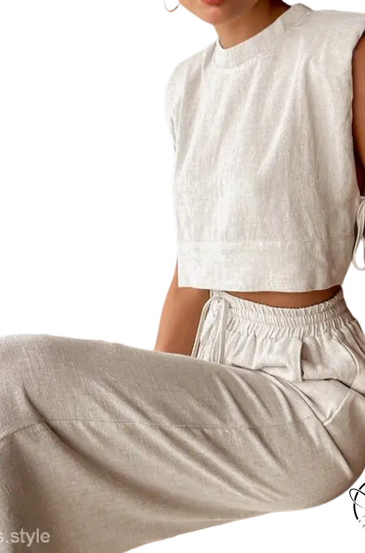 Maldives cotton suit set in beige linen crop top and pants for casual summer wear