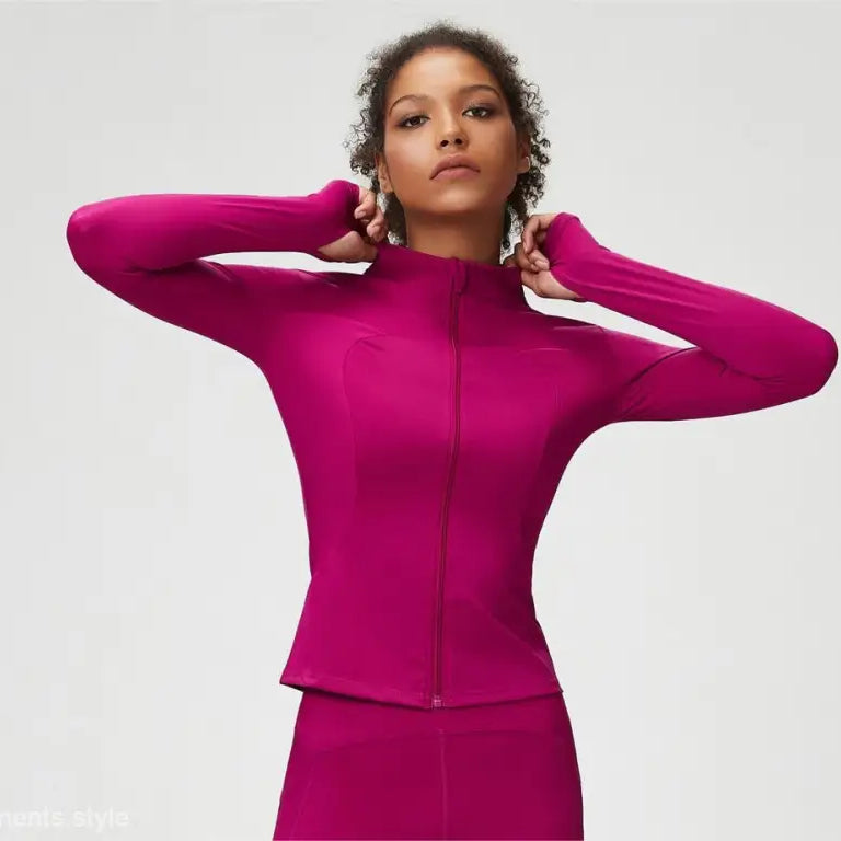 Magenta athletic zip-up jacket perfect for tight waist yoga and Matcha Green style