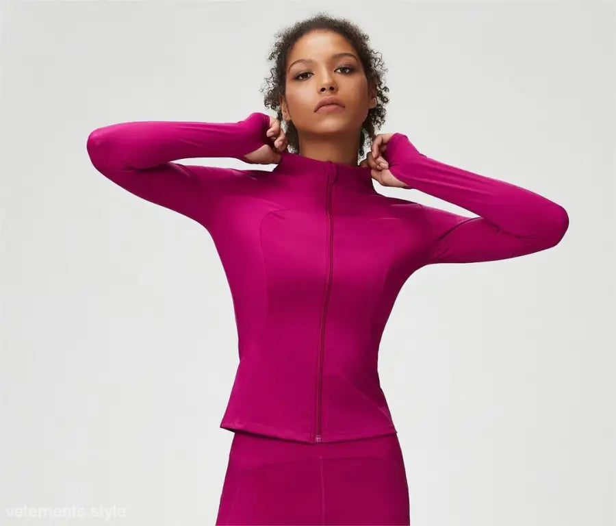 Magenta athletic zip-up jacket perfect for tight waist yoga and Matcha Green style