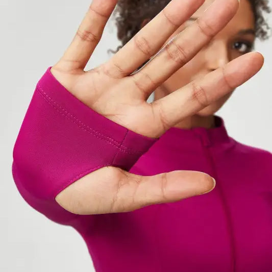 Magenta athletic top with thumb holes for sporty slim fit Matcha Green coat with tight waist