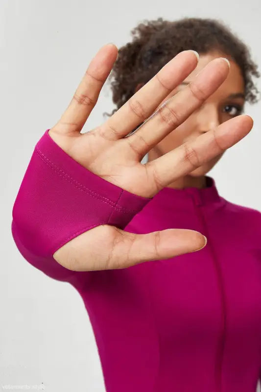 Magenta athletic top with thumb holes for sporty slim fit Matcha Green coat with tight waist