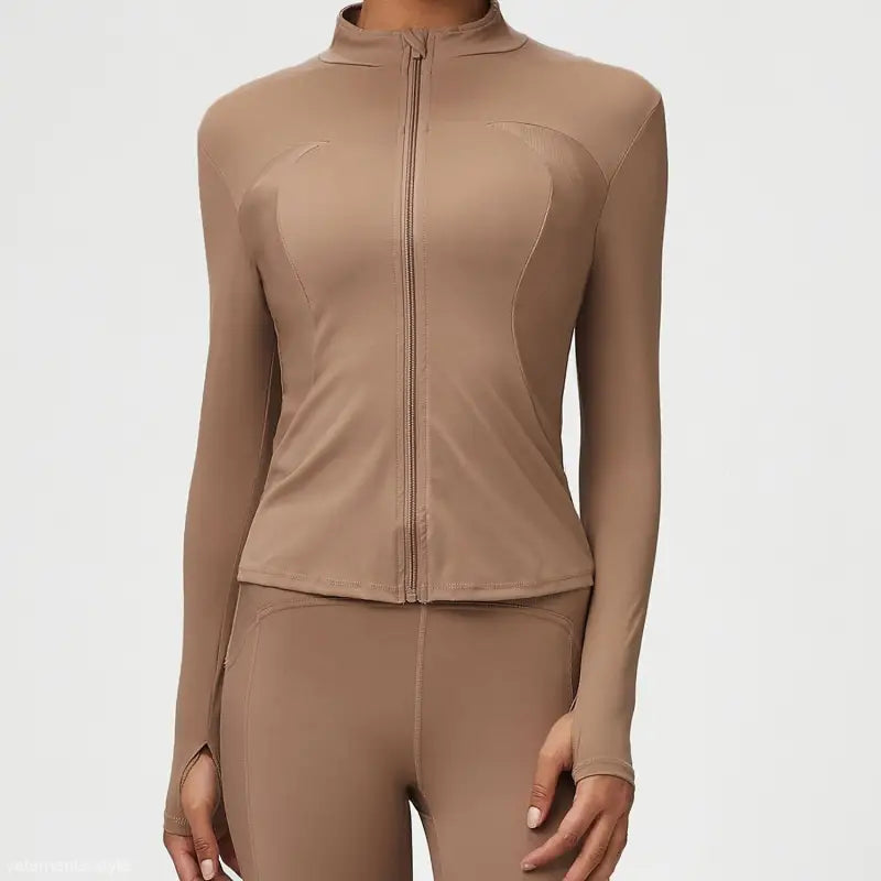 Tan athletic jacket and leggings from Matcha Green Long Sleeve Coat with Tight Waist Design