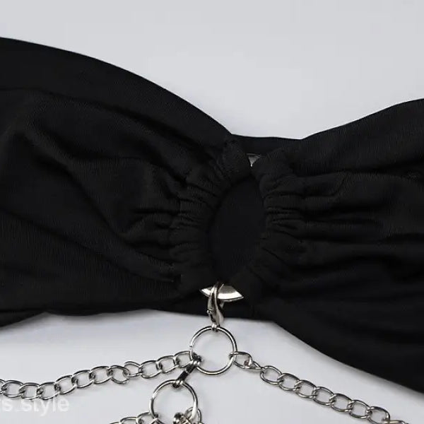 Black strapless top with silver chains from Metal Chain Halter Maxi Dress for summer parties