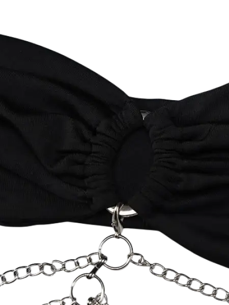 Metal chain halter dress with black strapless top and silver chains