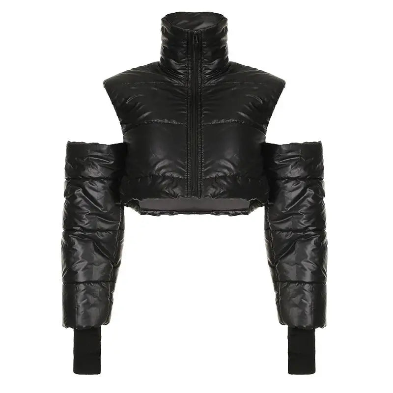 Black cropped puffer jacket with detached sleeves from Modern Cotton Coat Cutout for elegance