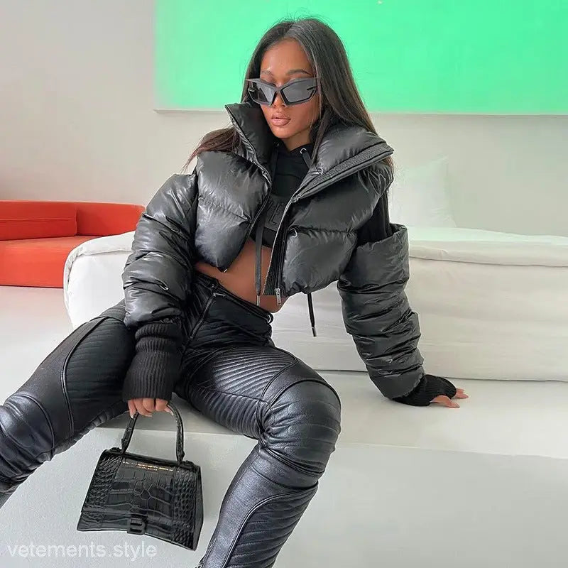 Black cropped puffer jacket featured in Modern Cotton Coat Cutout for winter elegance