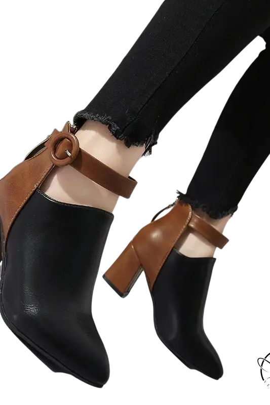 Stylish high ankle booties in black and brown with chunky square heels and buckle straps