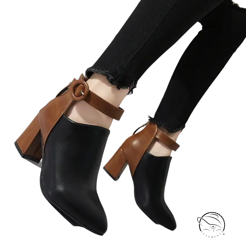 Stylish high ankle booties in black and brown with chunky square heels and buckle straps
