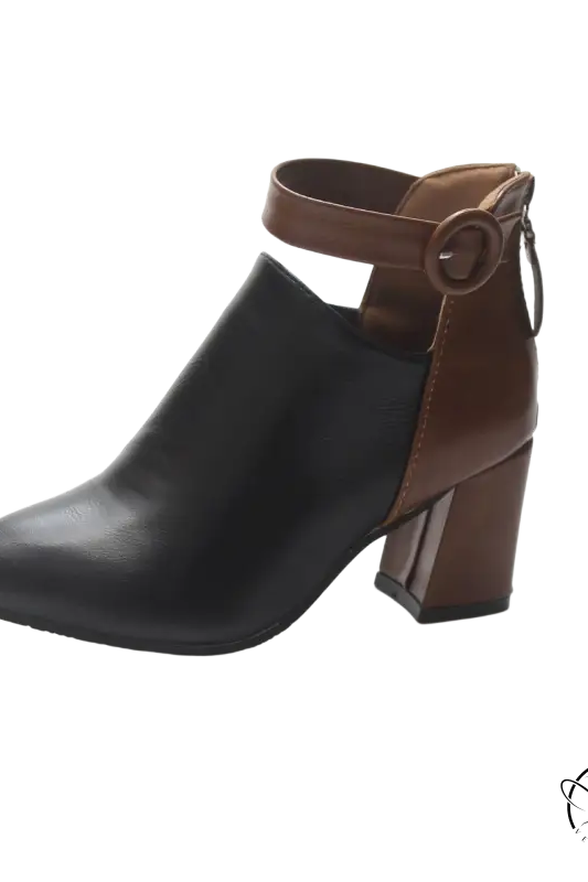Modern high ankle booties with chunky square heel and buckle strap