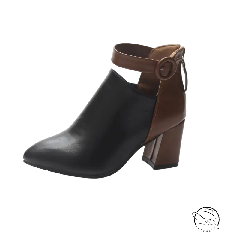 Modern high ankle booties with chunky square heel and buckle strap