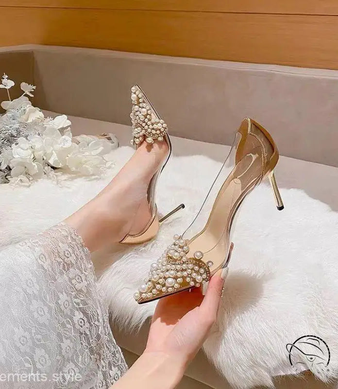 Elegant 8cm silver and champagne pearl heels with pointed toe embellishments