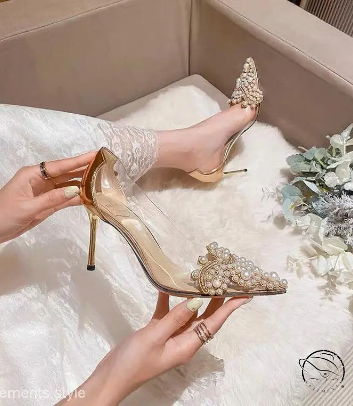 Elegant 8cm silver champagne pearl heels with transparent sides