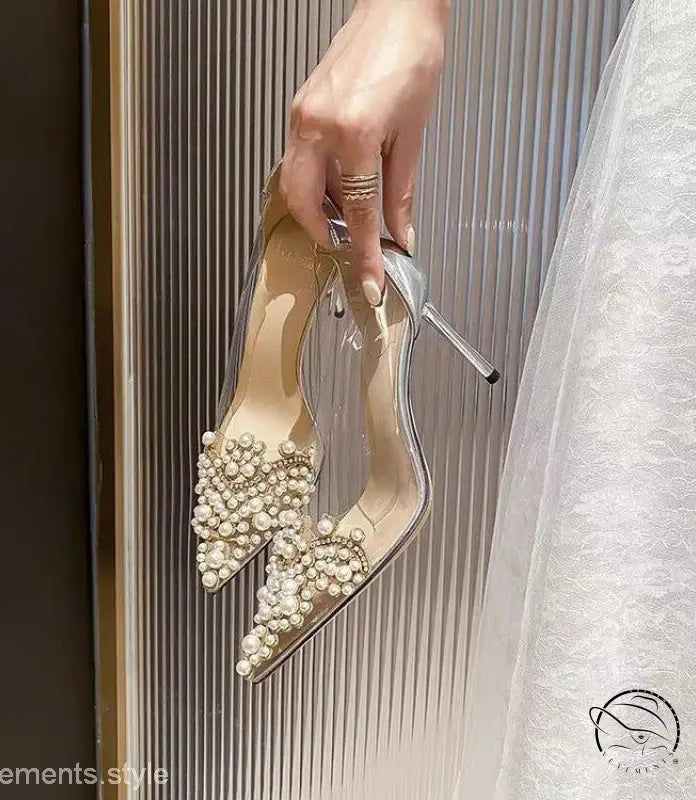 Elegant 8cm silver and champagne pearl heels with crystal toe accents