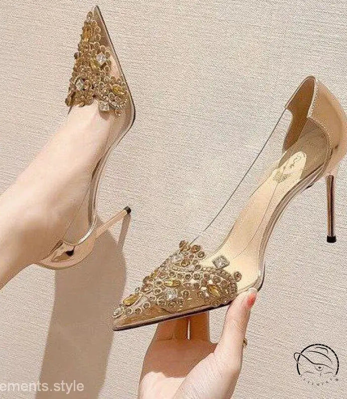 Elegant 8cm champagne pearl heels with transparent sides and golden crystal toes