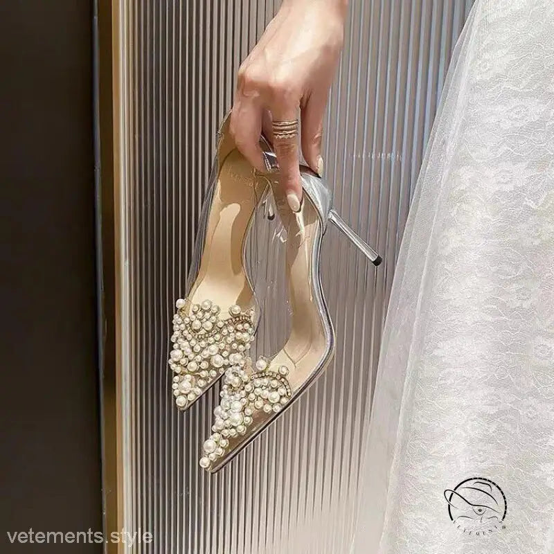 Elegant 8cm silver and champagne pearl heels with crystal toes