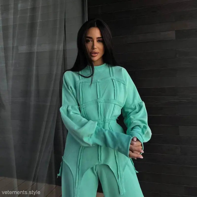 Mint green oversized sweatshirt with geometric stitching details in modern hoodie sets style