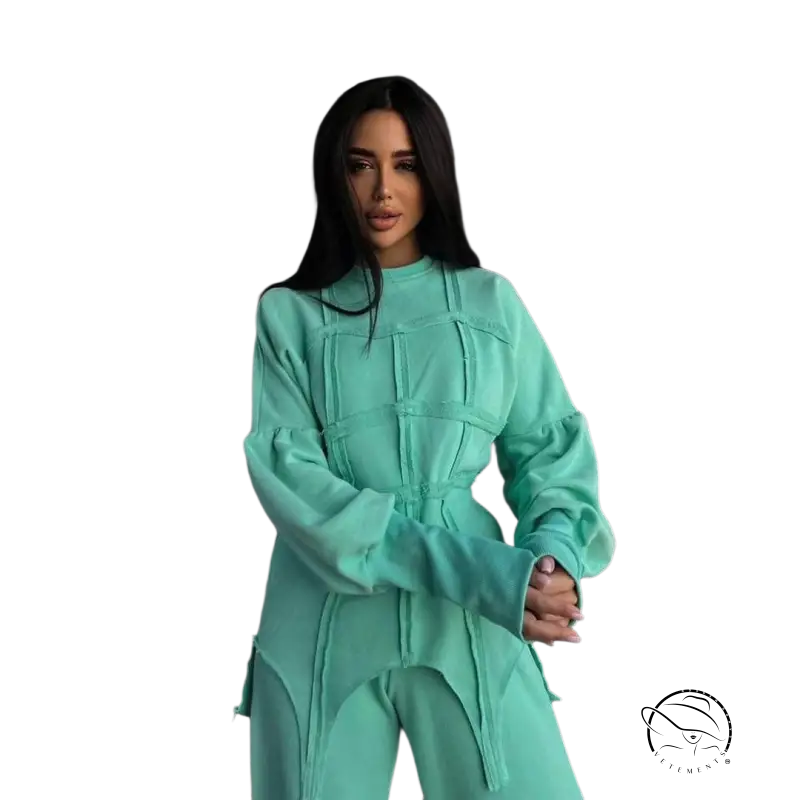 Mint green oversized pullover hoodie set with geometric stitching