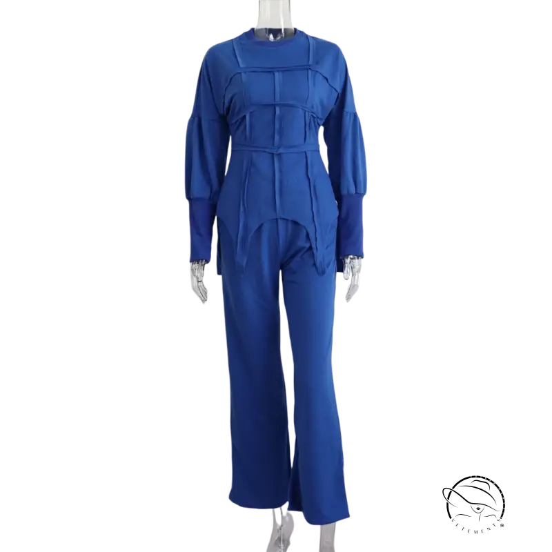 Blue long-sleeved pullover hoodie set with structured bodice and flared pants