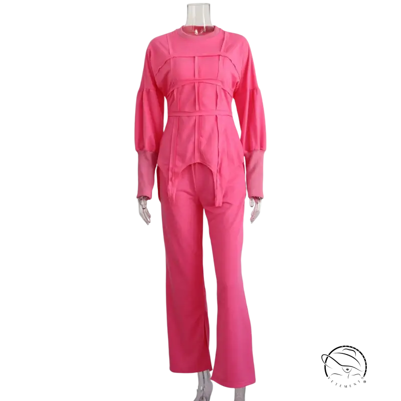 Bright pink modern hoodie sets pullover with long sleeve flared pants on mannequin