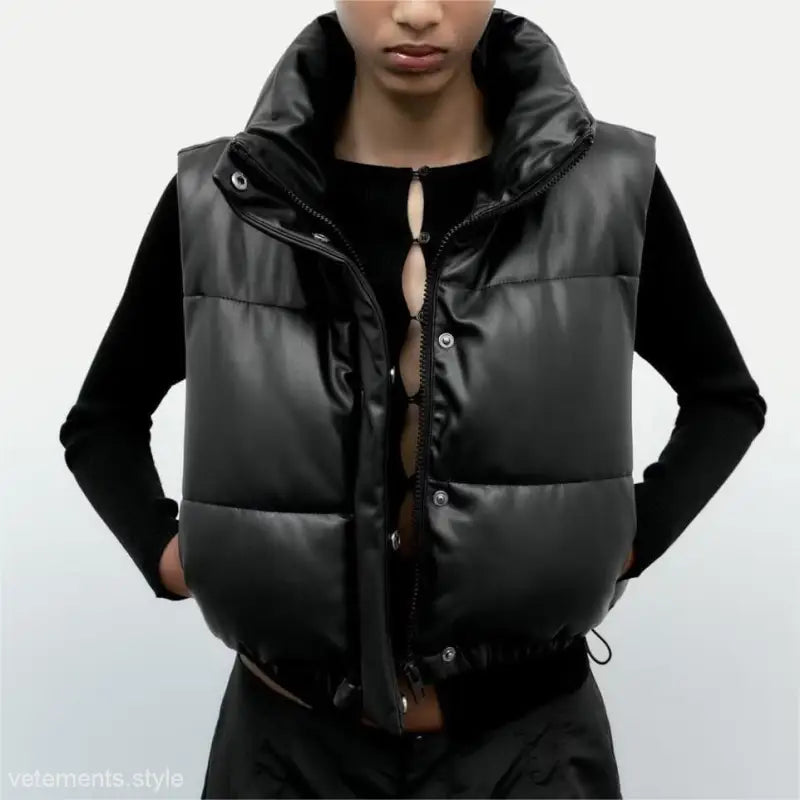 Black puffer vest from Modern Short Faux Leather Jacket for Winter Casual Wear
