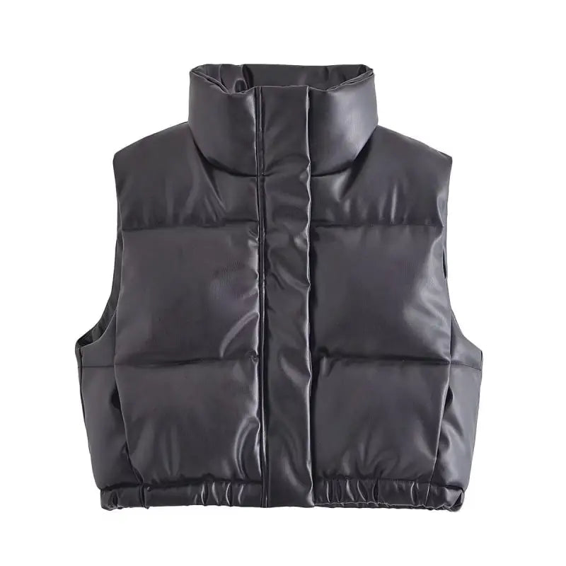 Black faux leather puffer vest from Modern Short Faux Leather Jacket for winter casual wear
