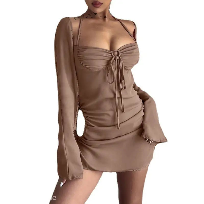 Taupe-colored modish cutout dress with long sleeves for women spring summer parties