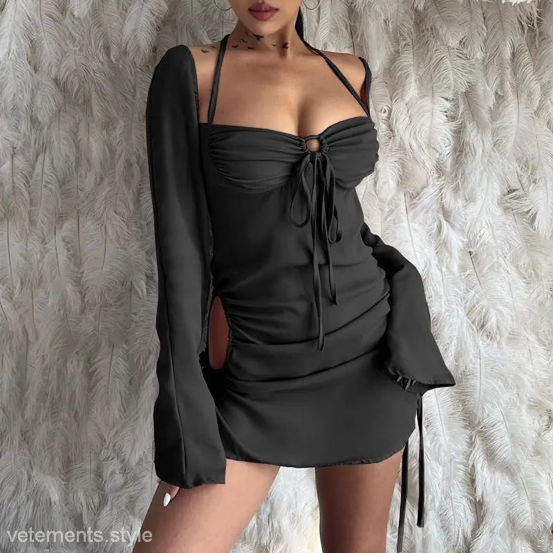 Stylish black mini dress with bell sleeves and ruched neckline for women spring summer