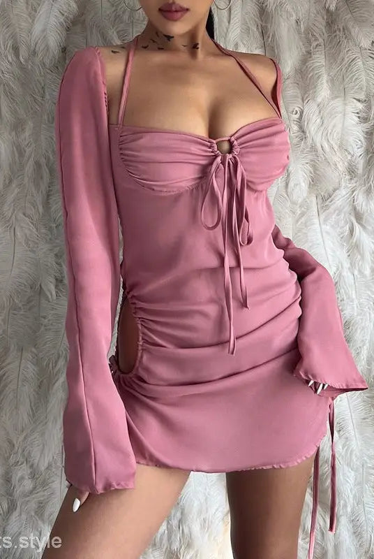 Pink ruched mini dress with long bell sleeves and sweetheart neckline, perfect for women spring summer