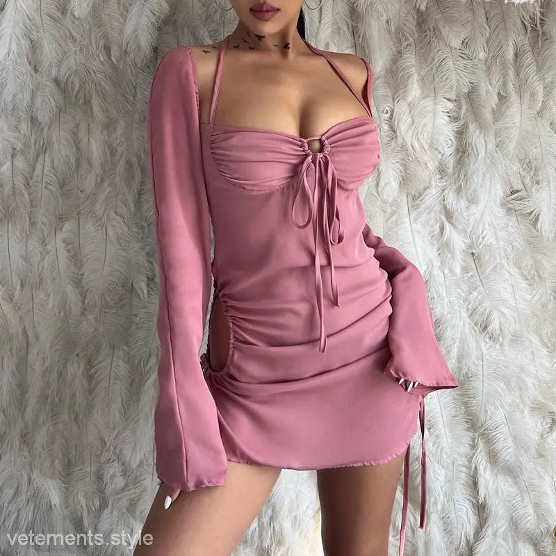 Pink ruched mini dress with long bell sleeves and sweetheart neckline, perfect for women spring summer