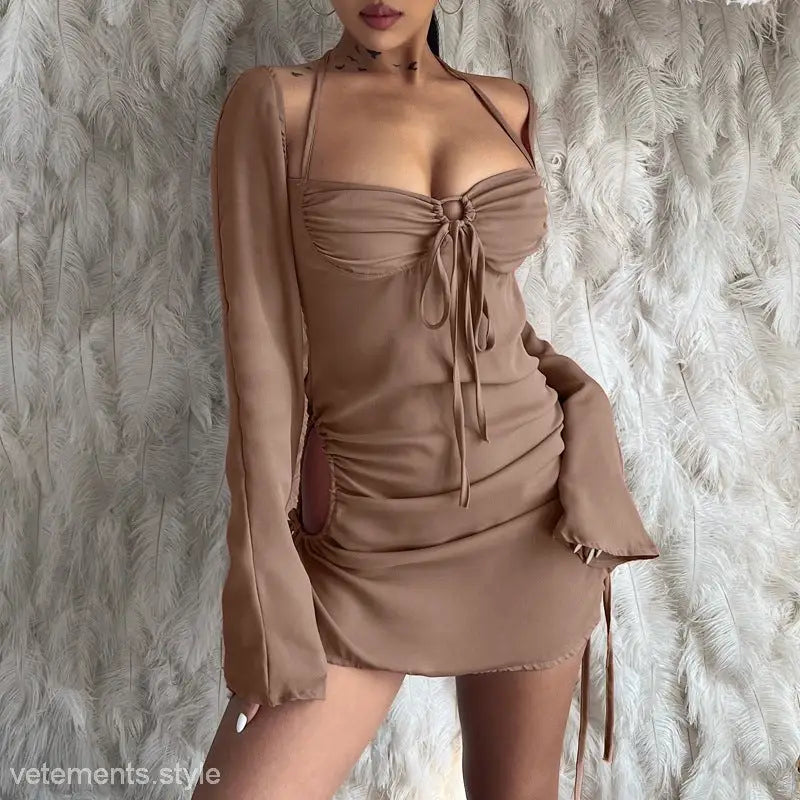 Nude beige long-sleeved bodycon mini cutout dress with ruched detailing for women spring summer