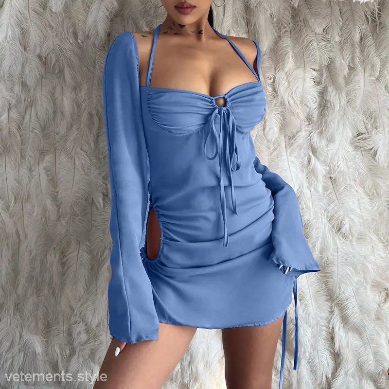 Light blue modish cutout dress for women with bell sleeves, ideal for spring and summer