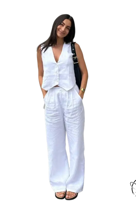Woman in Monaco summer outfit: cotton linen waistcoat, V-neck top, pants