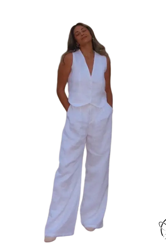 Woman in Monaco summer outfit: cotton linen waistcoat with V-neck top and wide-leg pants