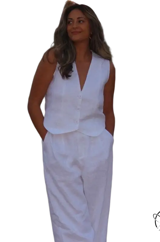 Woman in Monaco summer outfit: cotton linen waistcoat with V-neck top and pants