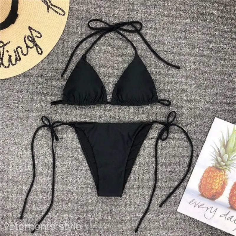 Black string v-neck bikini from the Monokini String V-Neck collection for beach days
