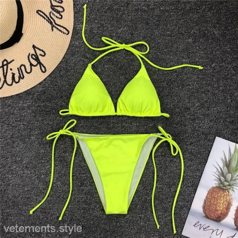 Neon yellow monokini string V-Neck bikini for your next beach day