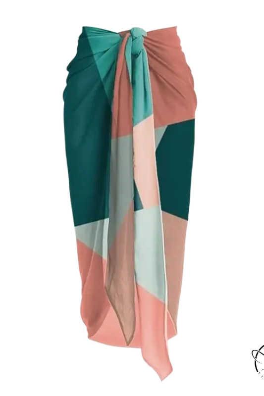 Multicolor one-piece bikini with flowing geometric wrap skirt in teal and coral