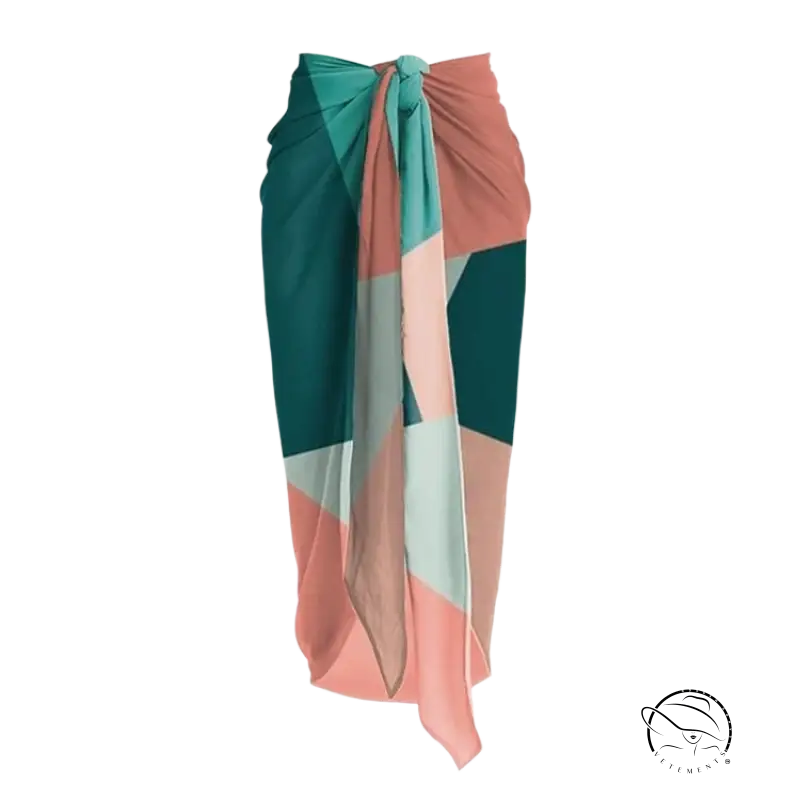 Multicolor one-piece bikini with flowing geometric wrap skirt in teal and coral