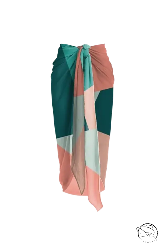 Multicolor one-piece bikini with flowing geometric gauze skirt