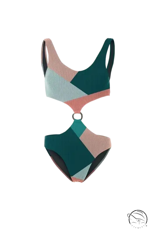 Multicolor one-piece bikini in teal, blush pink, light blue ribbed fabric with ring detail