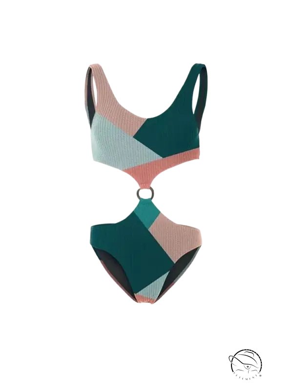 Multicolor one-piece bikini in teal, blush pink, light blue ribbed fabric with ring detail