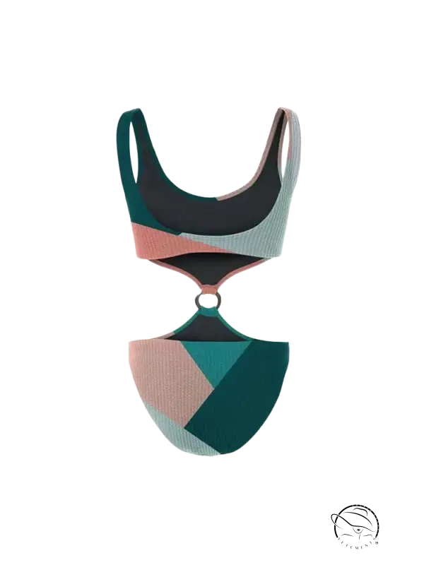 Multicolor one-piece bikini in teal, black, blush pink geometric pattern